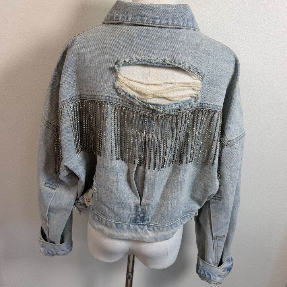 Blue B Collection M/L Rhinestone Fringe Distressed Denim Jacket Western Cowgirl